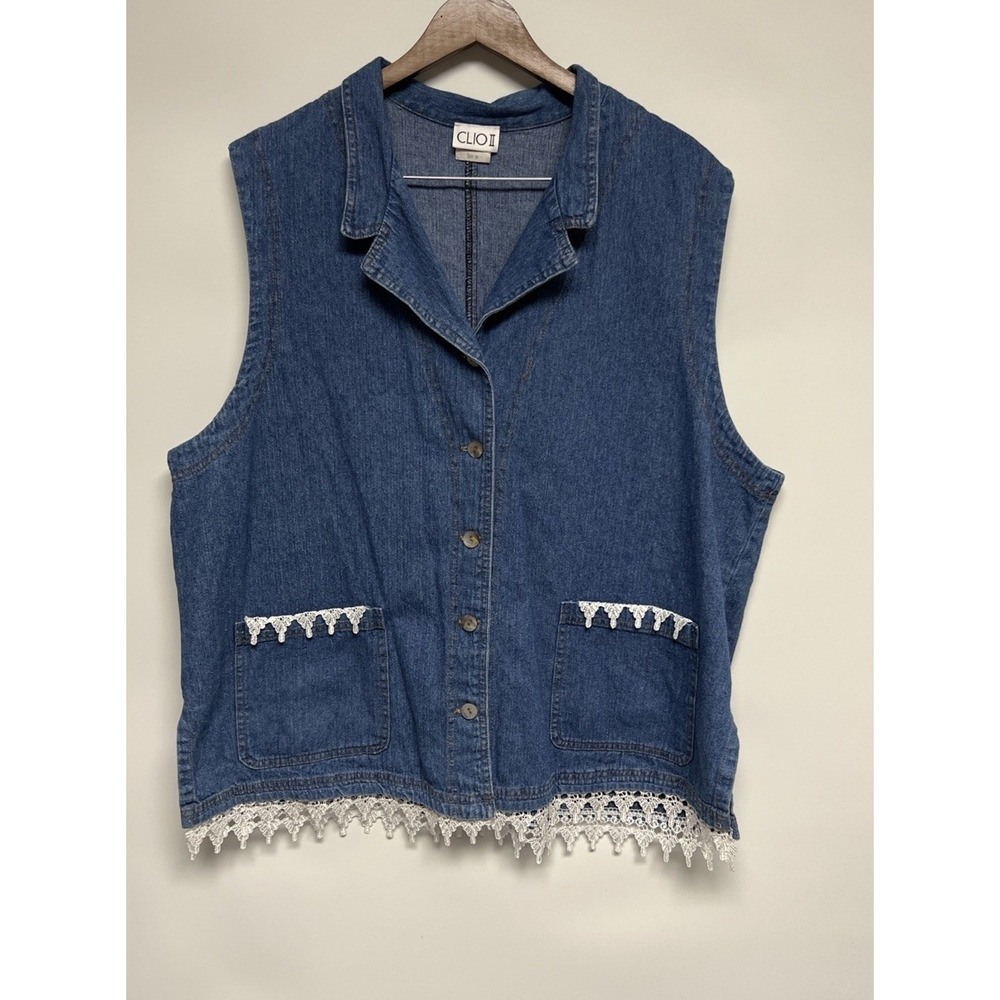 Vintage Denim Vest Womens 2X Lace Trim 90s Oversized Whimsigoth Boho Hippie Jean